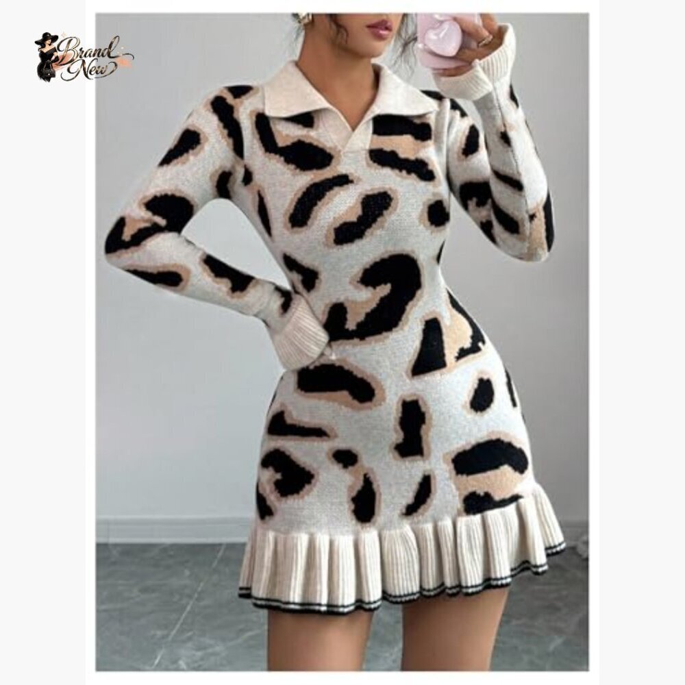 Long Sleeve Ruffle Bodycon Mini Sweater Dress Animal Print - Picture 4 of 5
